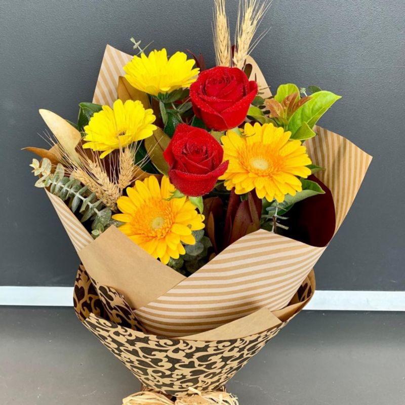 Yellow & Red Rose Bouquet with Ribbon in Derby, KS